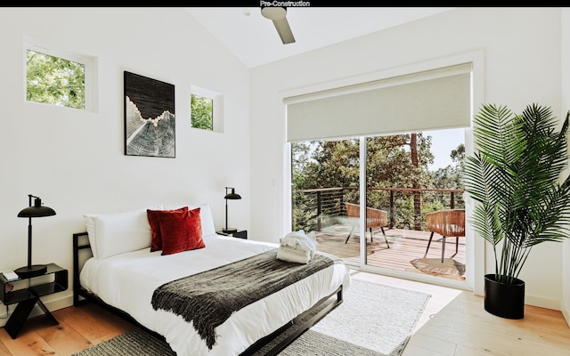 bedroom with high vaulted ceiling, access to exterior, ceiling fan, and light hardwood / wood-style flooring