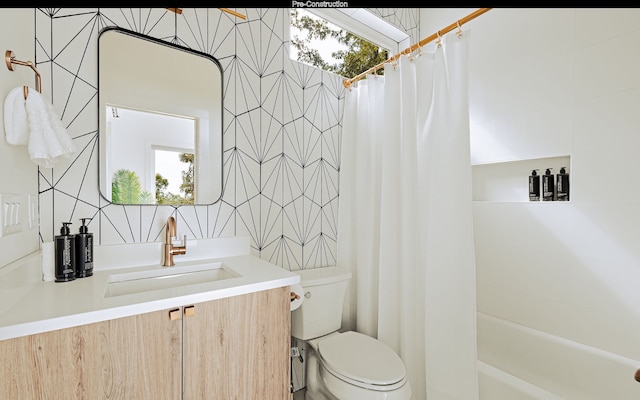 full bathroom with tile walls, toilet, shower / bath combo with shower curtain, backsplash, and vanity