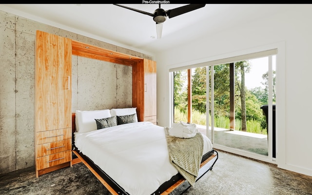 bedroom featuring access to exterior and ceiling fan