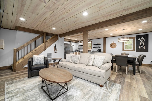 living room with hardwood / wood-style floors and wooden ceiling
