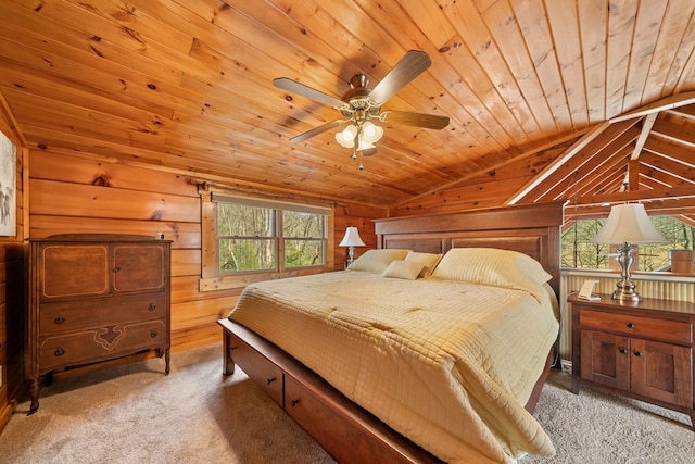 carpeted bedroom featuring wooden walls, multiple windows, and wooden ceiling