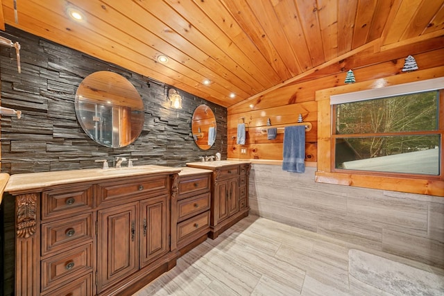 bathroom featuring vanity, lofted ceiling, and wooden ceiling