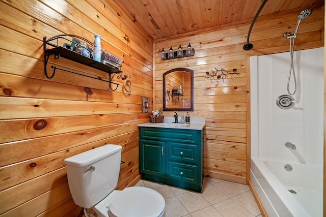 full bathroom featuring wood ceiling, washtub / shower combination, vanity, tile patterned floors, and toilet