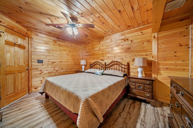 bedroom with wood ceiling, ceiling fan, wooden walls, and light wood-type flooring