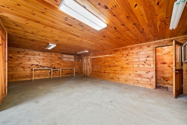 additional living space with wooden walls, concrete flooring, and wooden ceiling