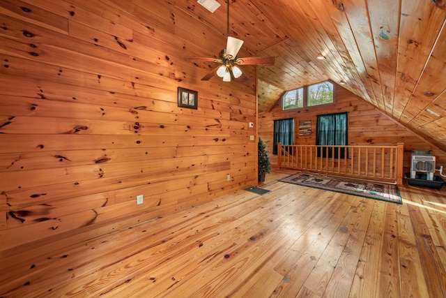 additional living space featuring lofted ceiling, wood ceiling, wood walls, and light wood-type flooring