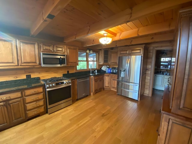 kitchen featuring beamed ceiling, sink, wood ceiling, stainless steel appliances, and light hardwood / wood-style flooring