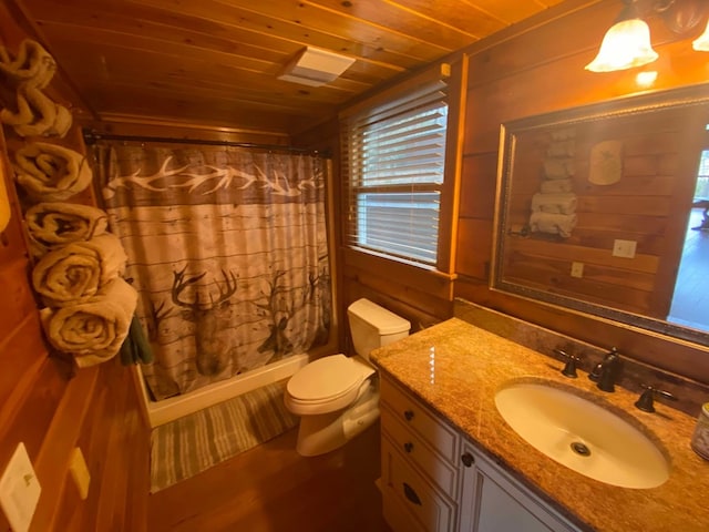 bathroom featuring hardwood / wood-style floors, vanity, curtained shower, wooden ceiling, and toilet