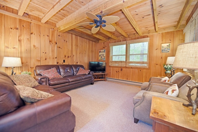 living area with wood ceiling, beamed ceiling, baseboard heating, wood walls, and carpet flooring