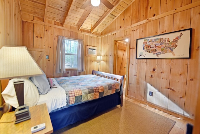 bedroom with wood walls, wooden ceiling, wood finished floors, a wall mounted air conditioner, and vaulted ceiling with beams