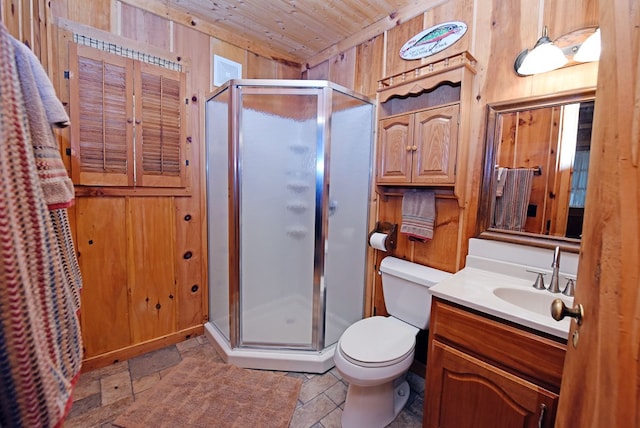 full bath featuring wood ceiling, wood walls, a stall shower, toilet, and vanity