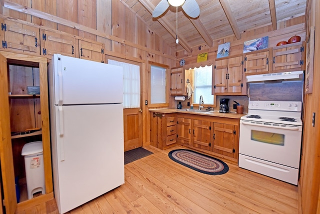 kitchen with wood ceiling, a sink, light countertops, under cabinet range hood, and white appliances