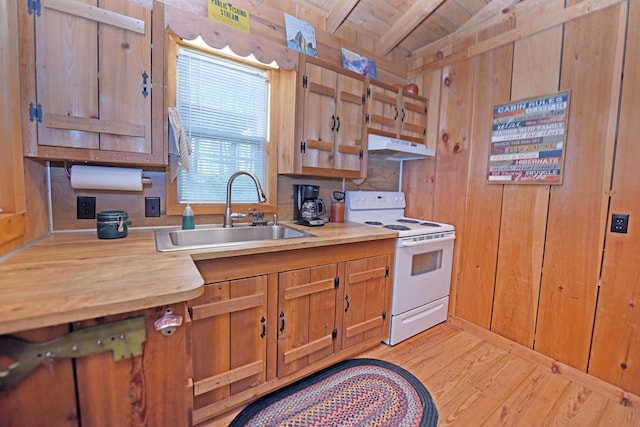 kitchen with electric stove, a sink, under cabinet range hood, light wood-style flooring, and wood walls