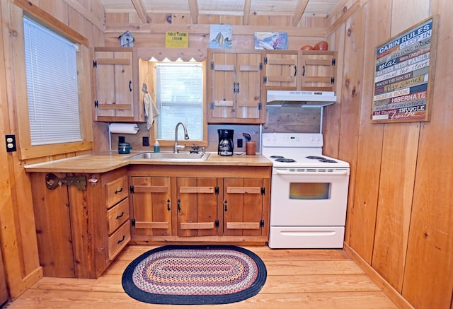 kitchen featuring wooden walls, electric range, under cabinet range hood, and a sink