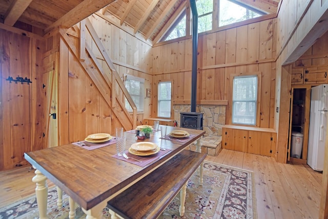 dining area featuring a wood stove, wood-type flooring, high vaulted ceiling, wood walls, and wood ceiling