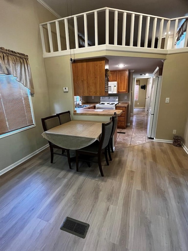 96 Stag Leap Dr, Cleveland, GA 30528 - dining area featuring light wood-style floors, baseboards, a towering ceiling, and crown molding