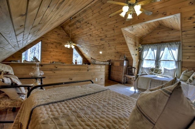 bedroom with carpet, wooden ceiling, high vaulted ceiling, and wood walls