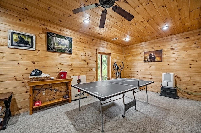 rec room with recessed lighting, wooden ceiling, carpet flooring, and heating unit