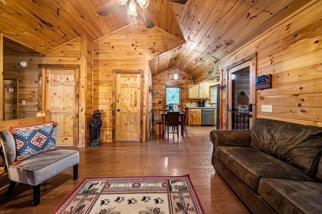 living room with lofted ceiling, a ceiling fan, wood ceiling, wooden walls, and wood finished floors