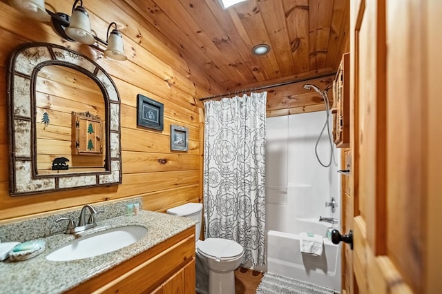 full bathroom with toilet, wood walls, vanity, and wood ceiling