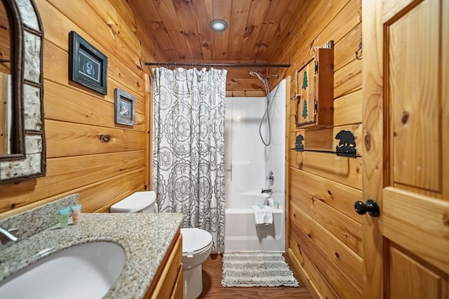 full bath with toilet, shower / tub combo, wood ceiling, wooden walls, and vanity