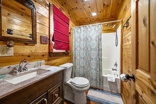 full bath with toilet, wooden ceiling, shower / tub combo with curtain, vanity, and wood walls