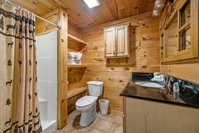 bathroom with wood ceiling, wood walls, a shower with shower curtain, and toilet