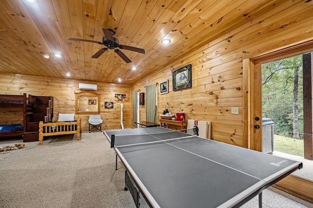 recreation room featuring recessed lighting, a wall mounted AC, wood ceiling, carpet flooring, and ceiling fan