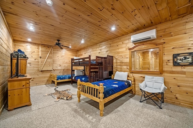 carpeted bedroom featuring recessed lighting, wood ceiling, a wall mounted air conditioner, and wooden walls