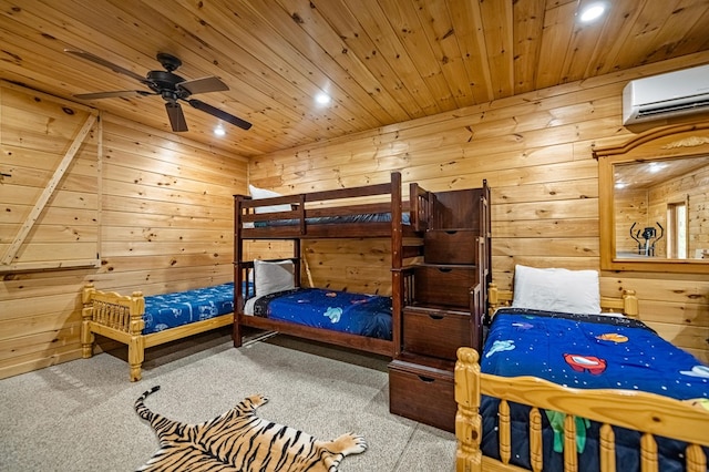 carpeted bedroom featuring wood walls, a wall mounted AC, wood ceiling, and recessed lighting