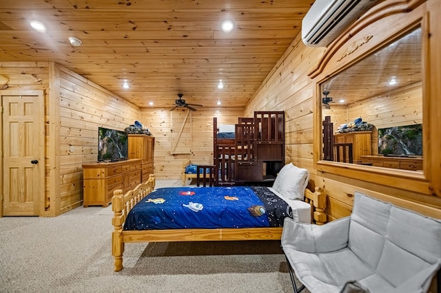 carpeted bedroom featuring a wall unit AC, wood walls, wood ceiling, and recessed lighting