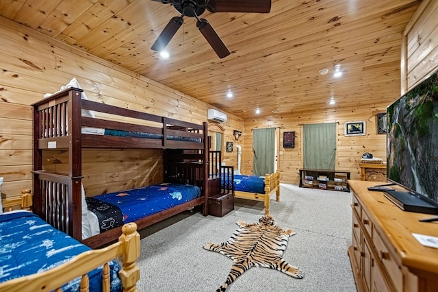 bedroom with carpet floors, an AC wall unit, wood walls, and wood ceiling