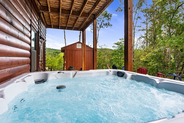 exterior space featuring a hot tub