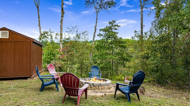 view of yard featuring an outdoor fire pit and an outdoor structure