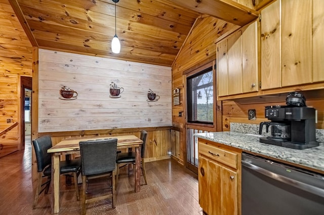 kitchen featuring dark wood finished floors, hanging light fixtures, wooden walls, wooden ceiling, and dishwasher