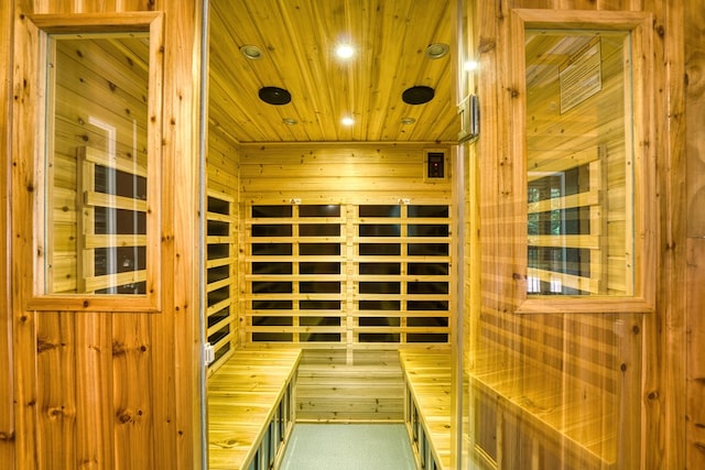 interior space with wooden walls and wooden ceiling