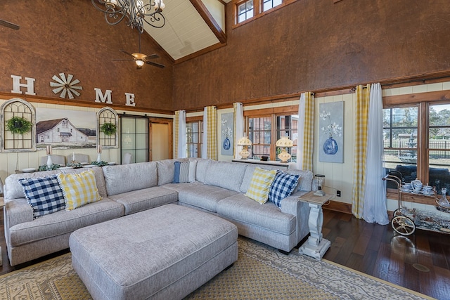 45 Bent Grass Cir, Hayesville, NC 28904 - living area featuring wood-type flooring, high vaulted ceiling, a chandelier, and healthy amount of natural light