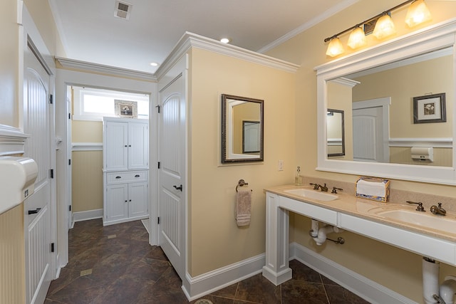 45 Bent Grass Cir, Hayesville, NC 28904 - bathroom with crown molding, baseboards, stone finish floors, and double vanity
