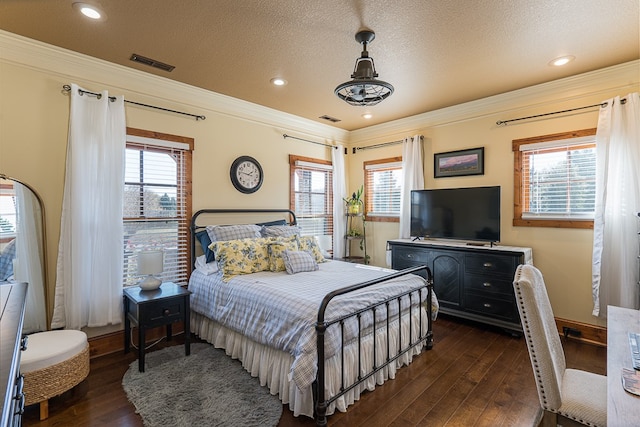 45 Bent Grass Cir, Hayesville, NC 28904 - bedroom with ornamental molding, dark wood-type flooring, a textured ceiling, and baseboards