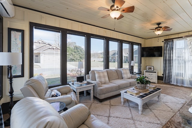 living room with ceiling fan, a wall mounted AC, wood ceiling, and wooden walls