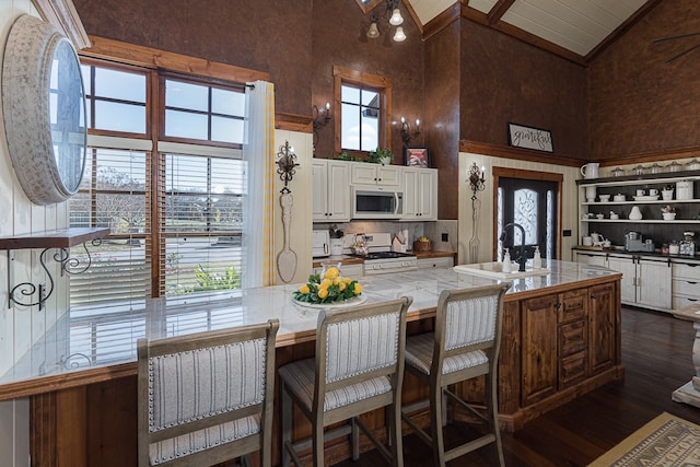 45 Bent Grass Cir, Hayesville, NC 28904 - kitchen with white appliances, high vaulted ceiling, a sink, dark wood finished floors, and healthy amount of natural light
