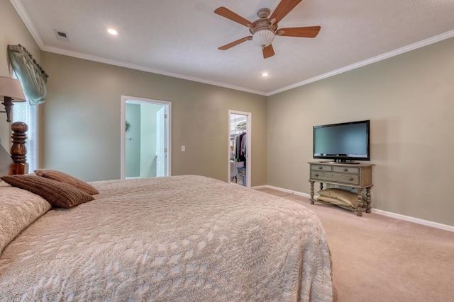 bedroom with baseboards, ornamental molding, and light carpet