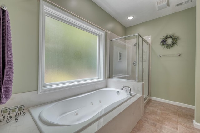 full bath with visible vents, a tub with jets, and a shower stall