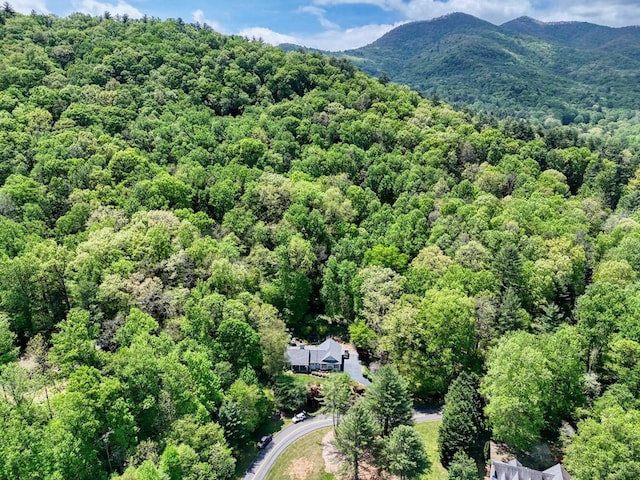 drone / aerial view featuring a wooded view and a mountain view