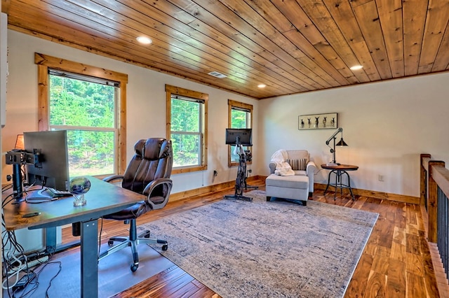 office space with baseboards, visible vents, wooden ceiling, hardwood / wood-style floors, and recessed lighting