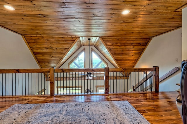 bonus room featuring a ceiling fan, wooden ceiling, vaulted ceiling, and hardwood / wood-style flooring