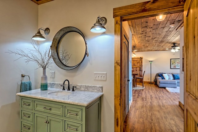 bathroom with a ceiling fan, wooden ceiling, vanity, and wood finished floors