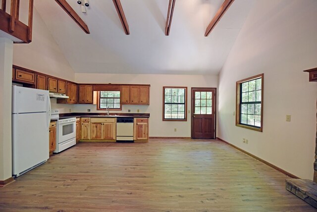 kitchen featuring high vaulted ceiling, plenty of natural light, white appliances, and light wood-type flooring