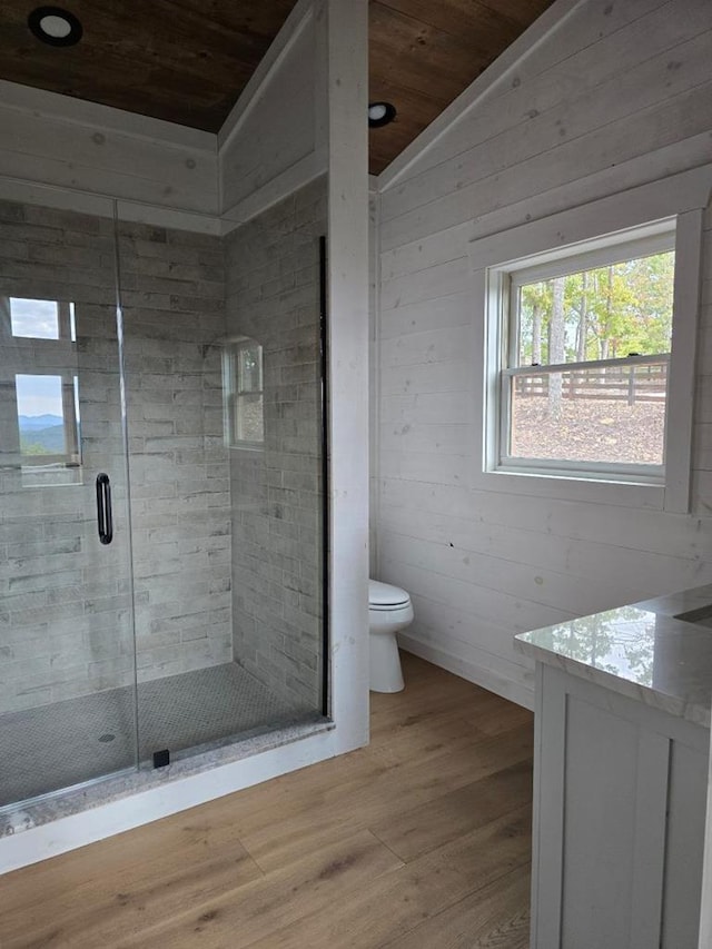 bathroom featuring lofted ceiling, toilet, hardwood / wood-style floors, vanity, and walk in shower