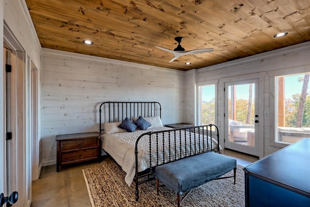 bedroom featuring concrete flooring, access to exterior, recessed lighting, and wooden ceiling